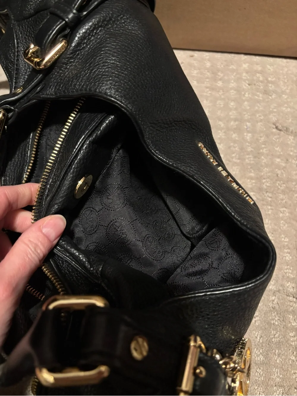 Michael Kors Black Leather Shoulder Hobo with Gold Accent MK Charm